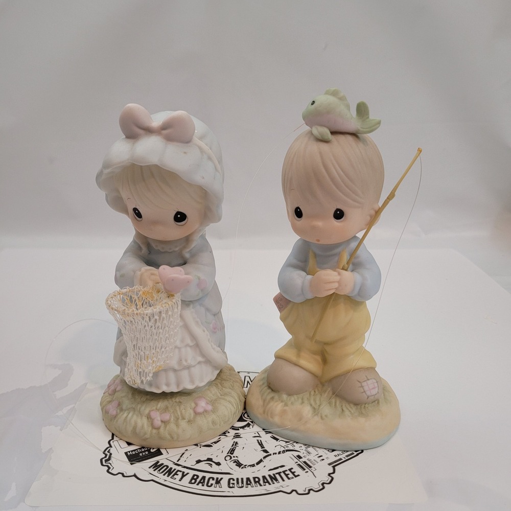 Precious Moments Figurine Set Boy Fishing Girl with Net 524425 521973 Vintage